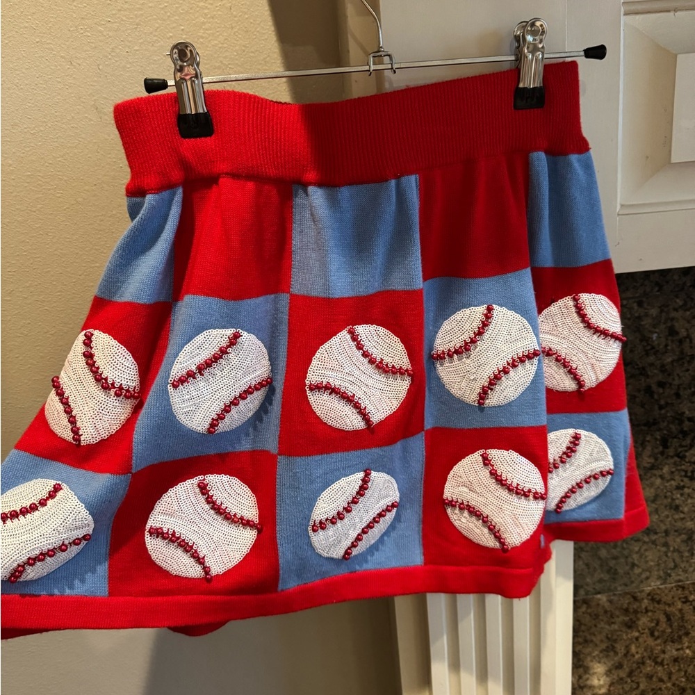 QOS Baseball sequin skirt! Queen of Sparkles! Size XS. Blue and Red.